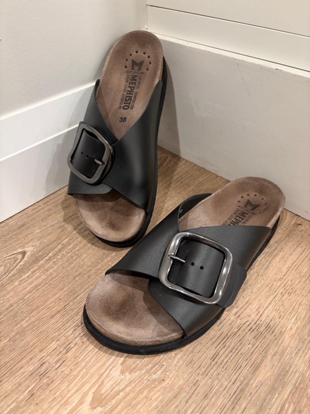 Mephisto Hariana Black Leather Slide Sandals with Oversized Buckle